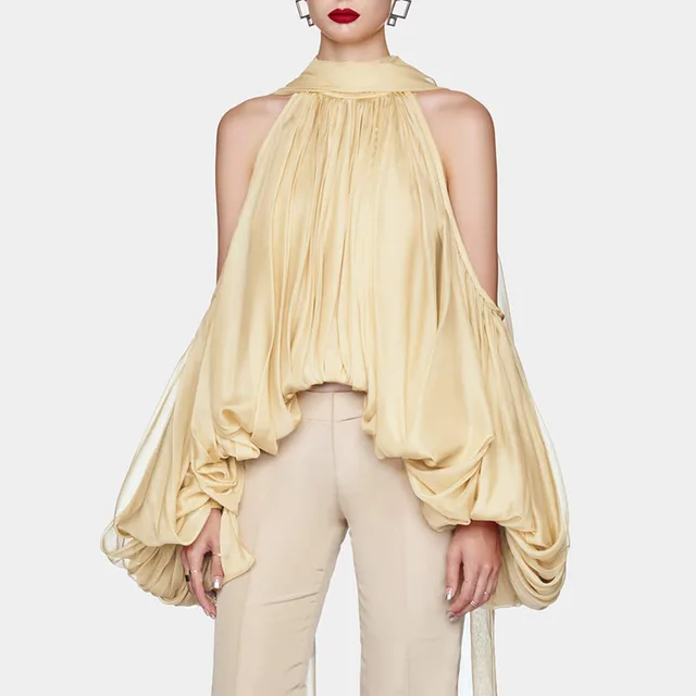 French Style Temperament Bow Lace up Off shoulder Chiffon Shirt Women's New Sweet Halter Puff Sleeve Loose Top Yellow - Shop at LoveMi