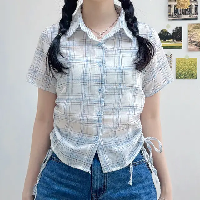 Retro Elegant Hem Pleating Short Sleeve Plaid Shirt White - Shop at LoveMi