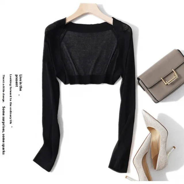 Shawl Outer Match Women's Summer Sun Protection Cardigan Short Ice Silk Knitted Air Conditioning Shirt Black - Shop at LoveMi