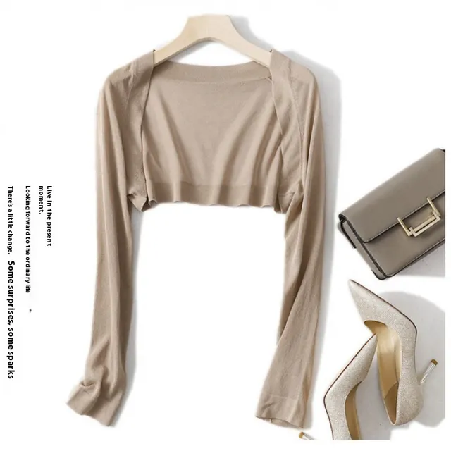 Shawl Outer Match Women's Summer Sun Protection Cardigan Short Ice Silk Knitted Air Conditioning Shirt Khaki - Shop at LoveMi