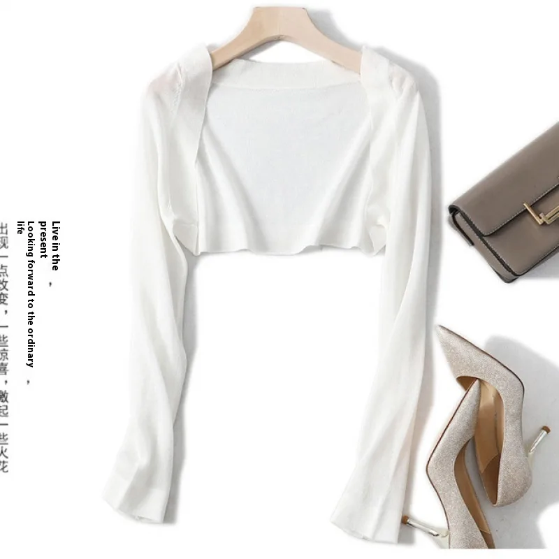 Shawl Outer Match Women's Summer Sun Protection Cardigan Short Ice Silk Knitted Air Conditioning Shirt White - Shop at LoveMi