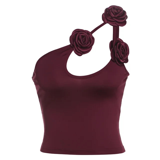 New Personalized Flower Decoration Solid Color Slim fit Sexy Backless Shoulder Vest For Women Wine Red - Shop at LoveMi