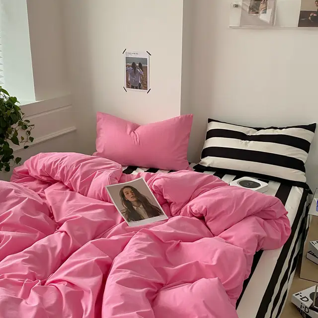 Four piece Cotton Bed Sheet Duvet Cover Duvet Cover Bedding Cure Rose Pink Stripes - Shop at LoveMi