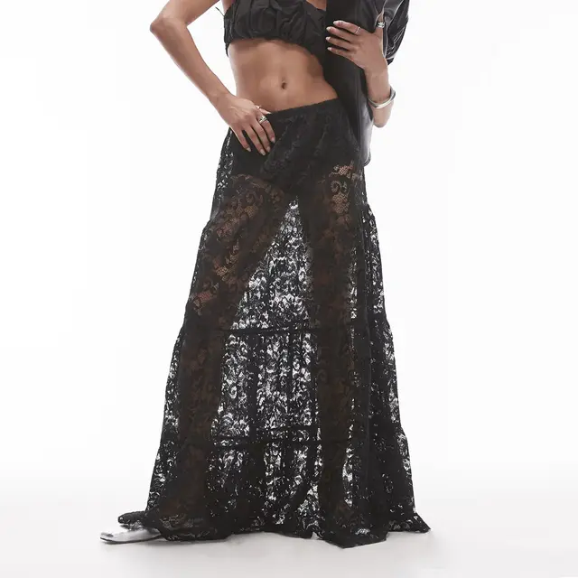 Flowers Elastic Waist Lace Skirt Black - Shop at LoveMi