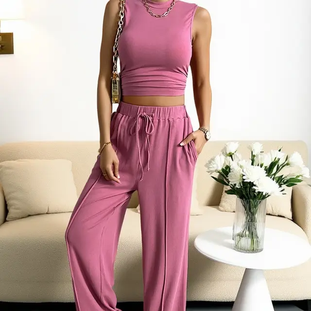 Trousers Elastic Waist Loose fitting Sleeveless Shirt Suit Pink - Shop at LoveMi