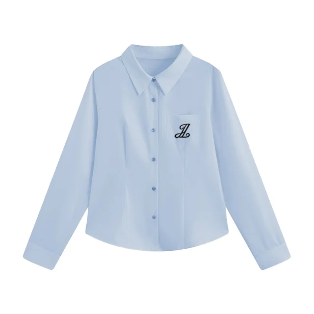Preppy Style Lapel And Waist Tight Figure Flattering Long Sleeve Shirt Blue - Shop at LoveMi