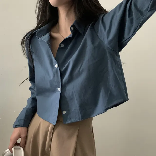 Short Shirt Long Sleeve Underwear Blouse Retro Blue - Shop at LoveMi