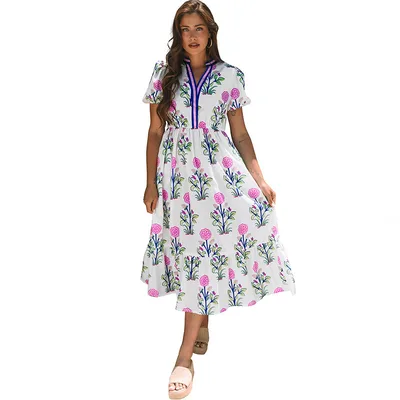 Women's V neck Flower Print Dress White - Shop at LoveMi