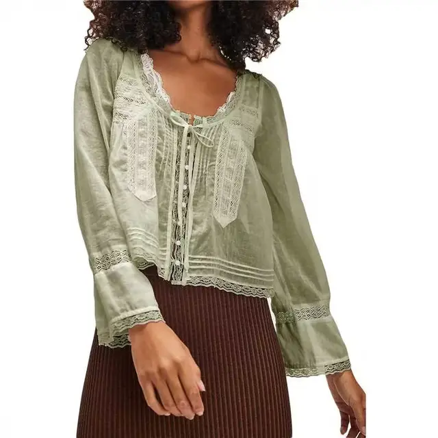 Lace U shaped Lace Collar Long Sleeve Light Shirt Dark Khaki - Shop at LoveMi