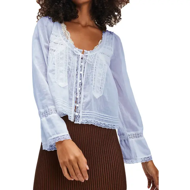 Lace U shaped Lace Collar Long Sleeve Light Shirt Lavender Purple - Shop at LoveMi