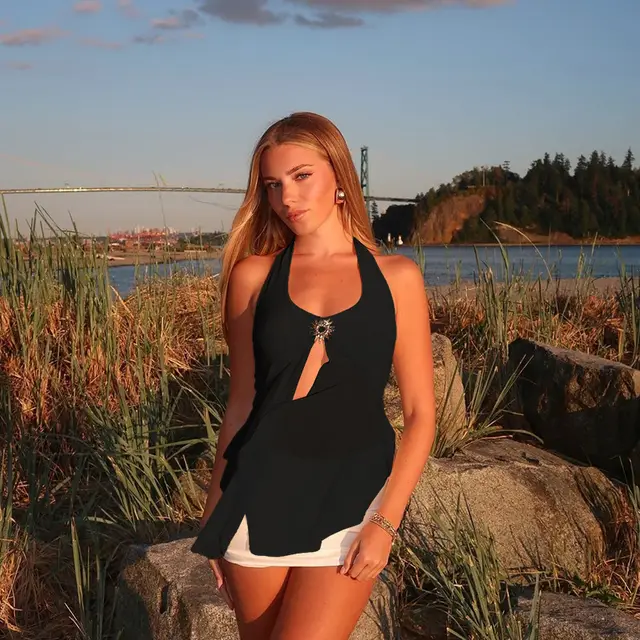 Ins Sexy Halter Mesh Camisole Vest For Women Black - Shop at LoveMi