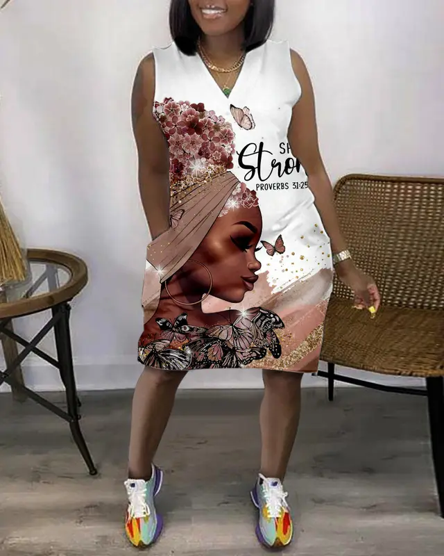 3D Printed Fashion Casual V neck Sleeveless Dress Vq1F222411B - Shop at LoveMi