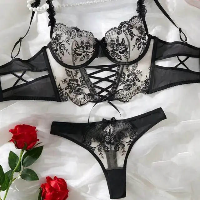Mesh Exquisite Embroidered Flowers Cross Strap Underwear Suit Women Black - Shop at LoveMi
