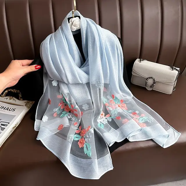Elegant All match Embroidered Summer Sunscreen Scarf Beaded Begonia Light Blue - Shop at LoveMi