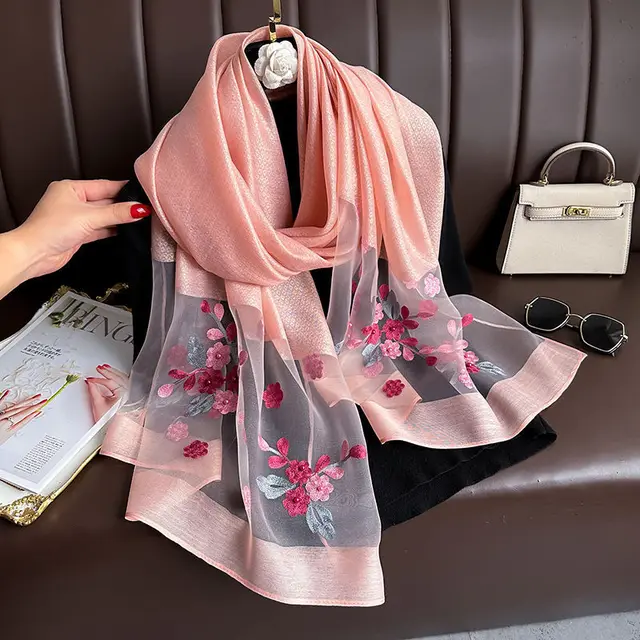 Elegant All match Embroidered Summer Sunscreen Scarf Beaded Begonia Pink - Shop at LoveMi