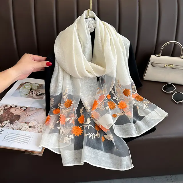 Elegant All match Embroidered Summer Sunscreen Scarf Embroidered Fresh Beige - Shop at LoveMi