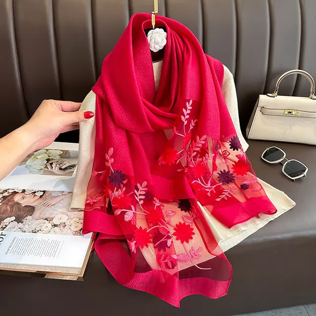 Elegant All match Embroidered Summer Sunscreen Scarf Embroidered Fresh Wine Red - Shop at LoveMi