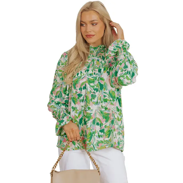 Color Matching Printed Turtleneck Chiffon Shirt Green - Shop at LoveMi