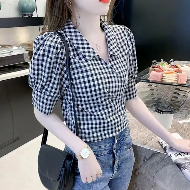 Plaid Shirt Women's Design Sense Niche French Tight Waist Puff Sleeve Black Plaid - Shop at LoveMi