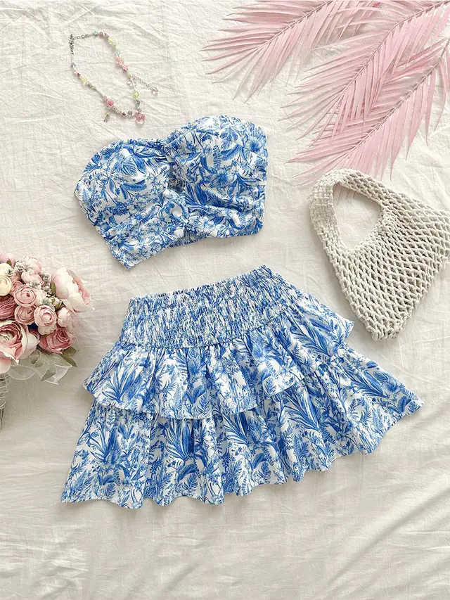Blue Printing Tube Top Short Skirt Suit Blue - Shop at LoveMi