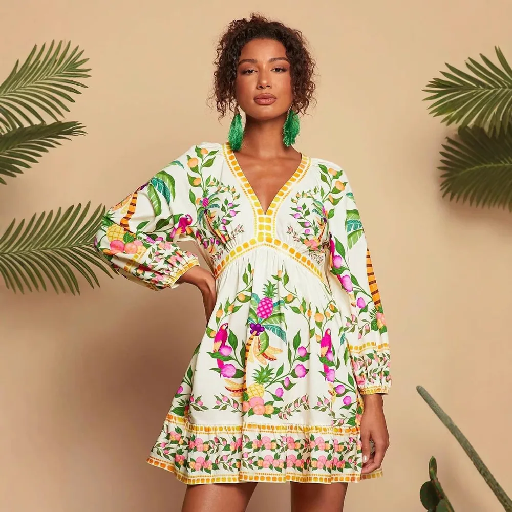 V neck Printed 34 Sleeves Mini Dress Green - Shop at LoveMi