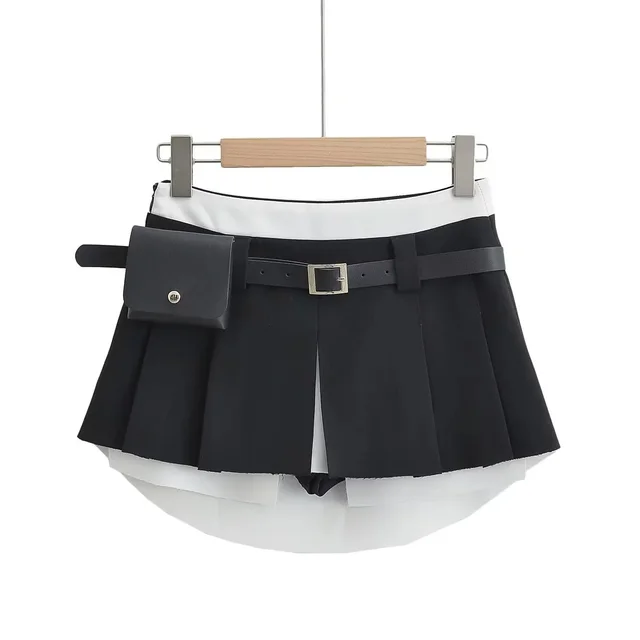 Low Waist Skirt Retro Hip wrapped Pleated Skirt Black With Bag - Shop at LoveMi
