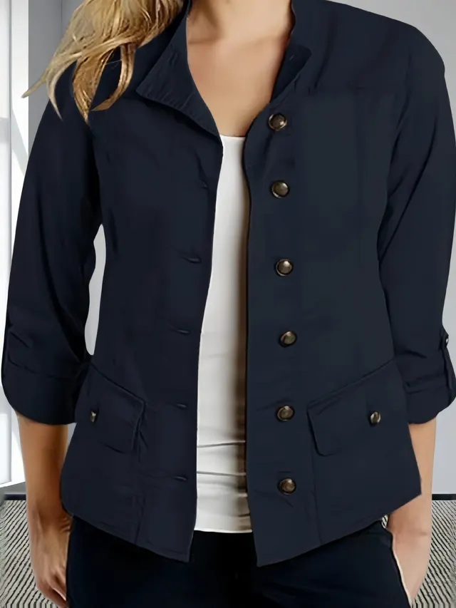 Fashion Solid Color Roll up Sleeve Single breasted Casual Jacket Dark Blue - Shop at LoveMi
