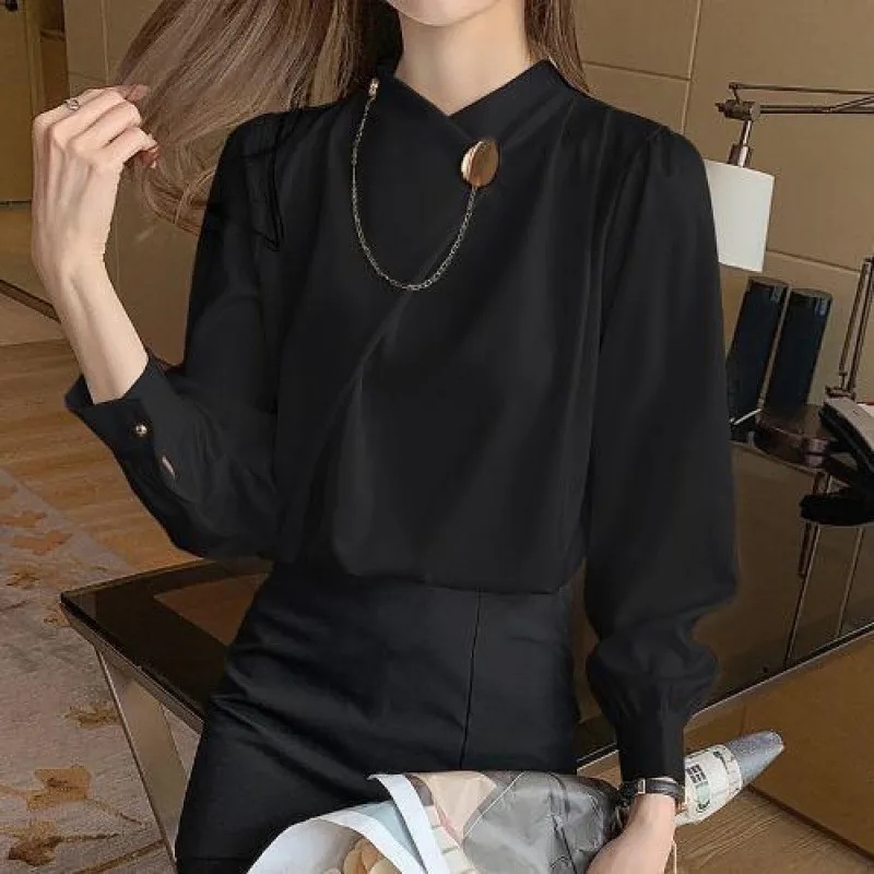 Professional Style Draping Satin Chiffon Top - Black