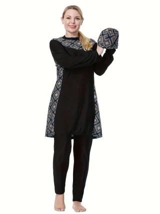 Loose Plus Size Fat Women Conservative Swimwear - Black