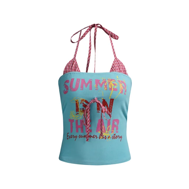 Maillard Letter Print Fake Two piece Suspender Vest For Women Blue - Shop at LoveMi