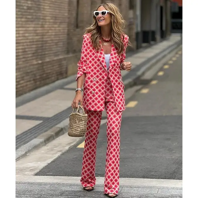 Women's Digital Printing Suit Long sleeved Cardigan Trousers Suit Red Diamond - Shop at LoveMi