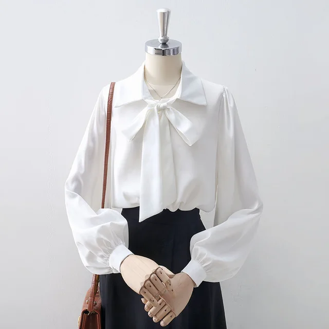 White Satin Bow Lapel Shirt For Women White - Shop at LoveMi