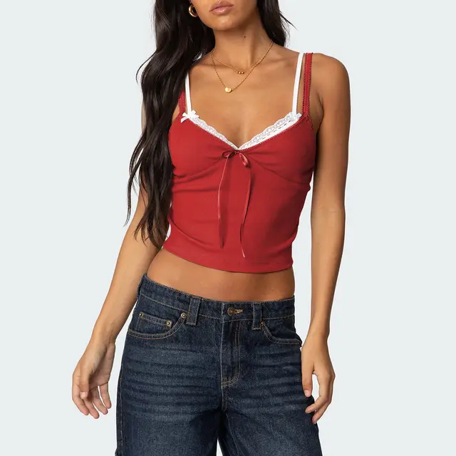 Women's Bow Collage Contrast Color Lace Fake Two piece Top Red - Shop at LoveMi
