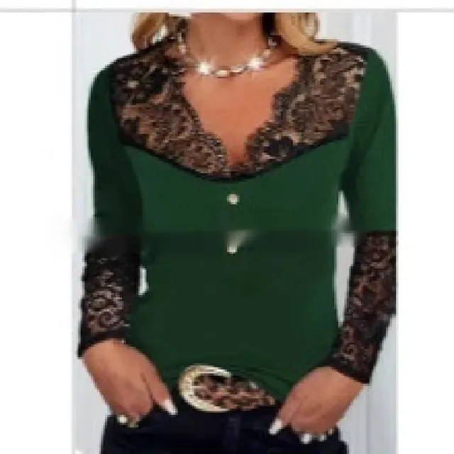 Women's Fashion Lace Solid Color Casual Top Dark Green - Shop at LoveMi