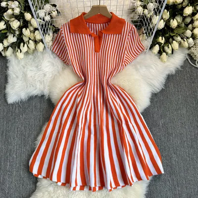 Contrast Color Retro Lapel Short Sleeve Striped Knitted Dress Orange Red - Shop at LoveMi