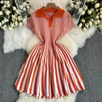 Contrast Color Retro Lapel Short Sleeve Striped Knitted Dress - Orange Red - View 1