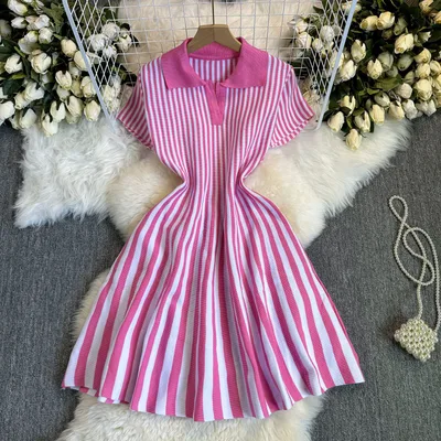 Contrast Color Retro Lapel Short Sleeve Striped Knitted Dress Pink - Shop at LoveMi