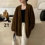 Design Pocket Knitted Cardigan Top Women's Sweater - Brown