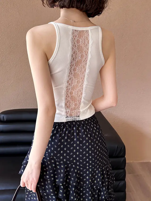 Irregular Back Backless Lace Stitching Small Sling White - Shop at LoveMi