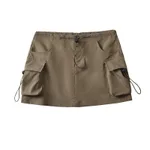 Low Waist Drawstring Elastic Side Workwear With Pocket Skirt - Brown