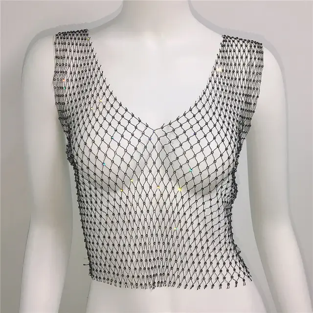Short Round Neck Fishnet Rhinestone Sleeveless Bottoming Shirt Blouse For Women Black V Neck - Shop at LoveMi