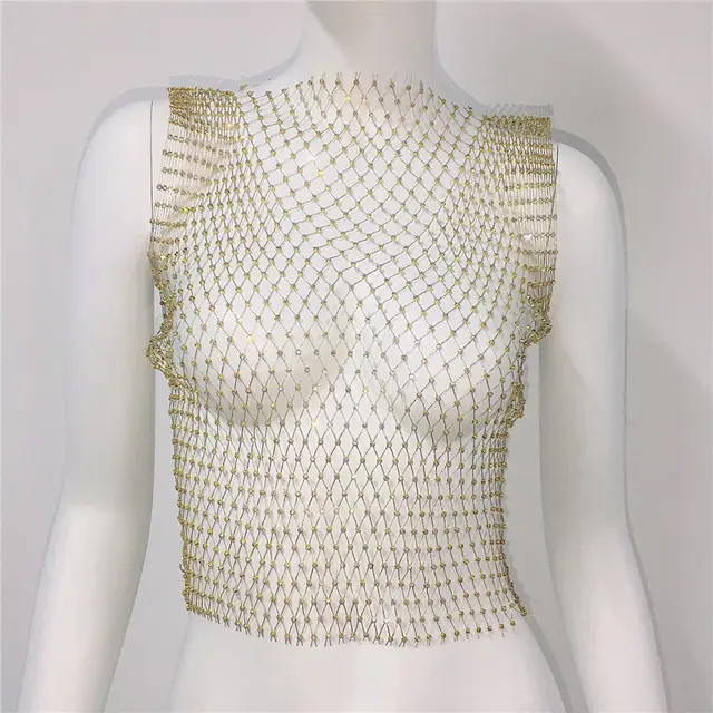 Short Round Neck Fishnet Rhinestone Sleeveless Bottoming Shirt Blouse For Women Golden Round Neck - Shop at LoveMi