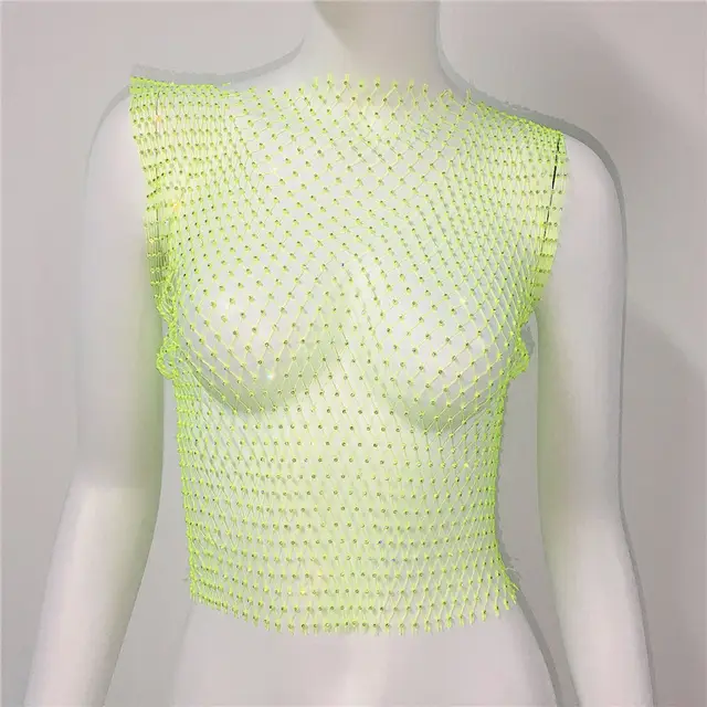 Short Round Neck Fishnet Rhinestone Sleeveless Bottoming Shirt Blouse For Women Green Round Neck - Shop at LoveMi