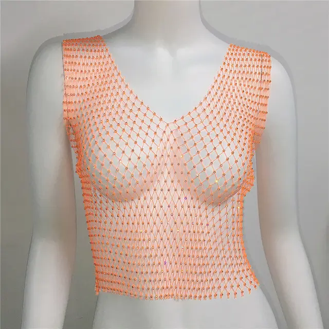 Short Round Neck Fishnet Rhinestone Sleeveless Bottoming Shirt Blouse For Women Orange V Neck - Shop at LoveMi