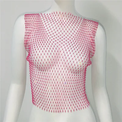 Short Round Neck Fishnet Rhinestone Sleeveless Bottoming Shirt Blouse For Women Rose Round Neck - Shop at LoveMi