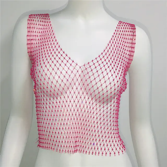 Short Round Neck Fishnet Rhinestone Sleeveless Bottoming Shirt Blouse For Women Rose V Neck - Shop at LoveMi