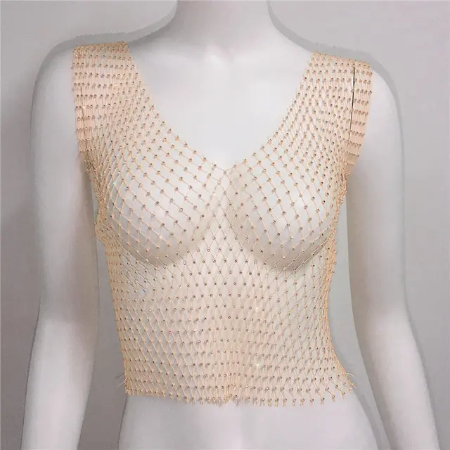 Short Round Neck Fishnet Rhinestone Sleeveless Bottoming Shirt Blouse For Women Skin Color V Neck - Shop at LoveMi