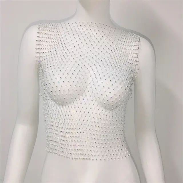 Short Round Neck Fishnet Rhinestone Sleeveless Bottoming Shirt Blouse For Women White Round Neck - Shop at LoveMi