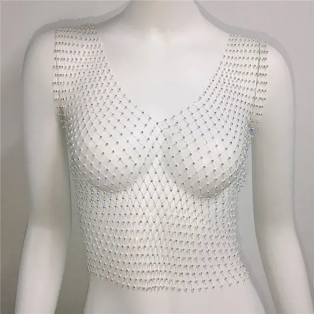 Short Round Neck Fishnet Rhinestone Sleeveless Bottoming Shirt Blouse For Women White V Neck - Shop at LoveMi