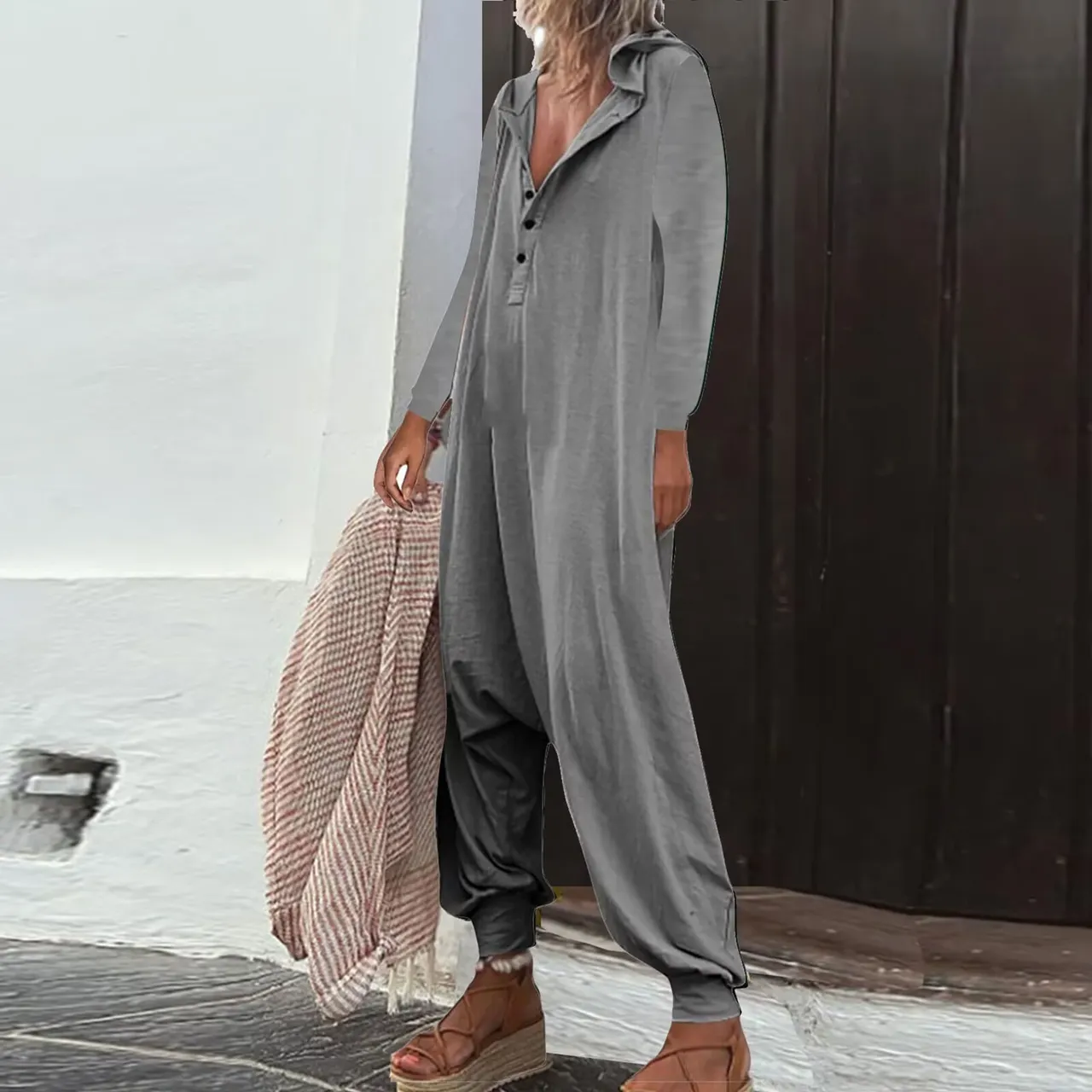 Hooded Side Pocket Long Sleeve Trousers Jumpsuit Baggy Pants - Light Gray